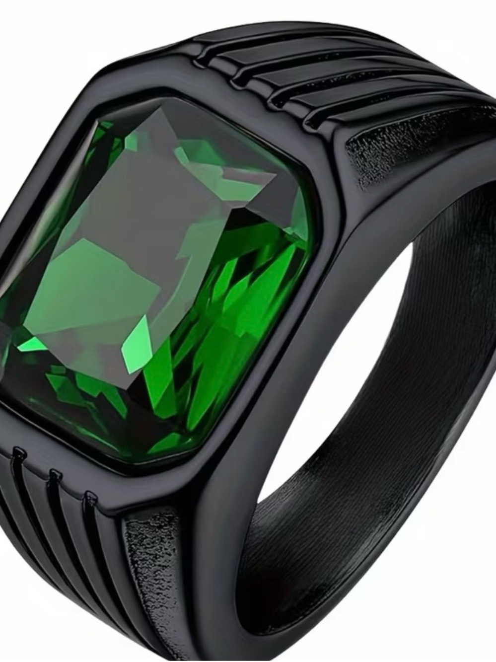 Black Men's Ring with Emerald Green Stone - Stylish Statement Band size 10